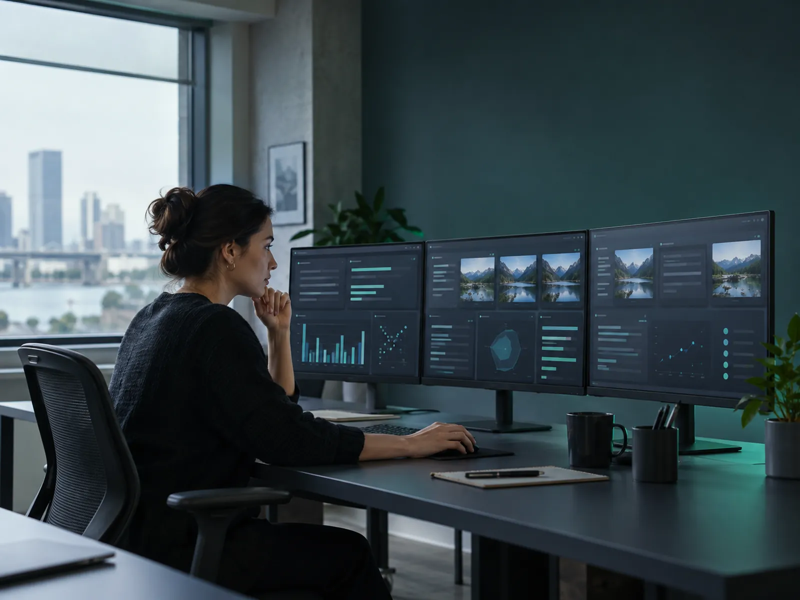 Engineer comparing outputs from several AI models against a set of evaluation cases