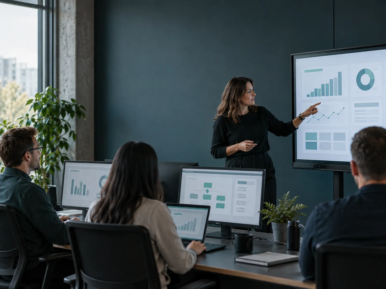 Trainer leading a Business Central workshop with employees at their own workstations