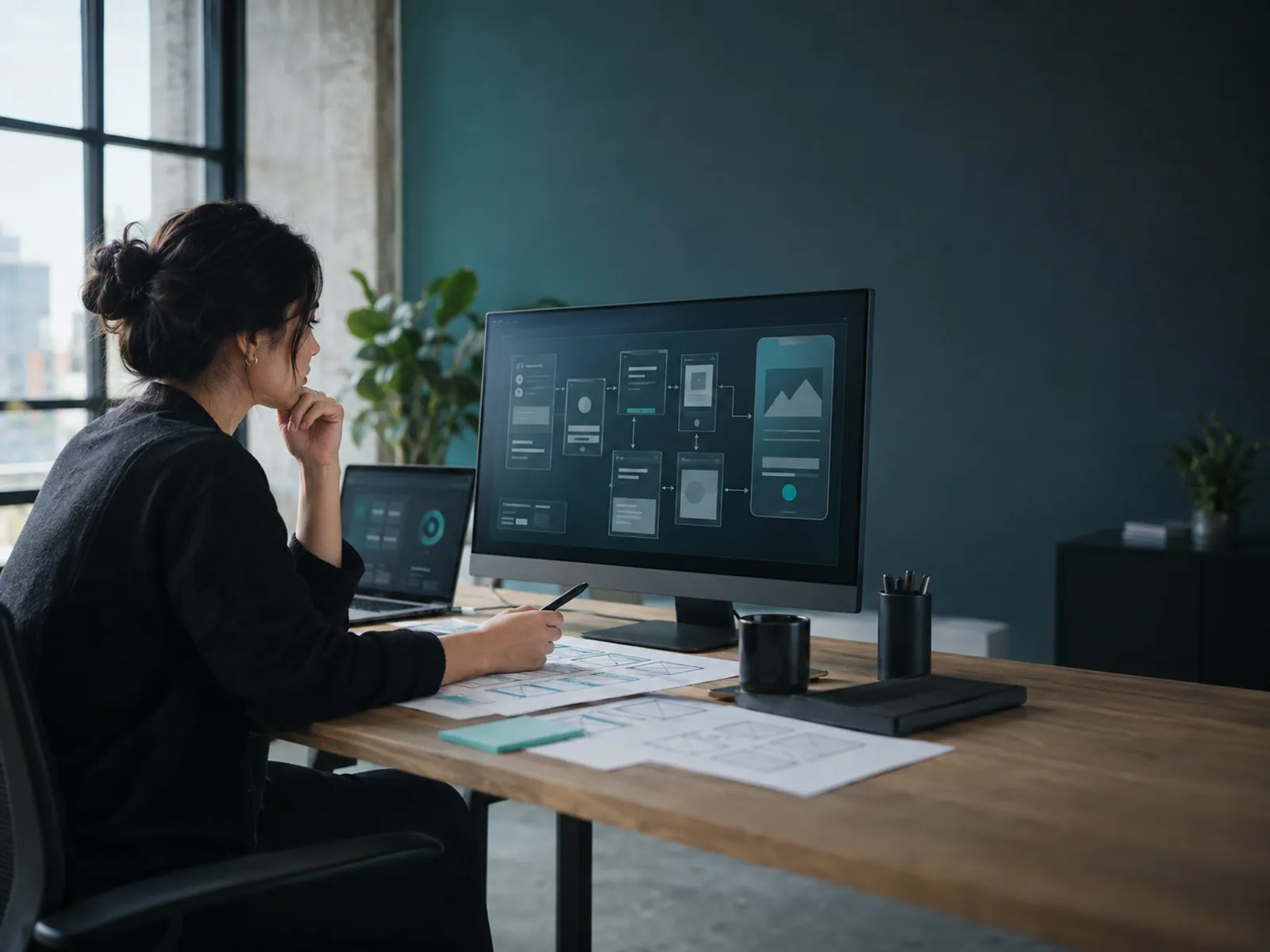 Designer reviewing wireframes and a clickable prototype of a business application