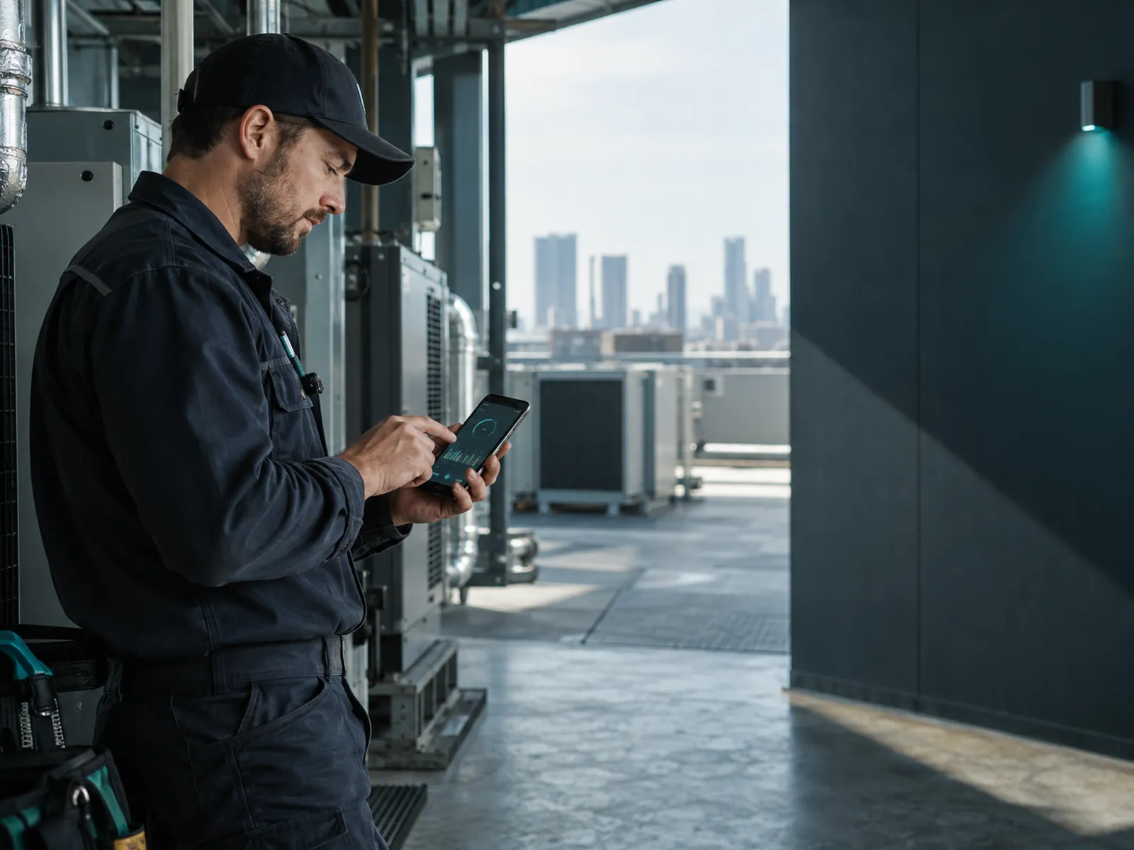 Field technician using a mobile app on a phone to complete a job on site