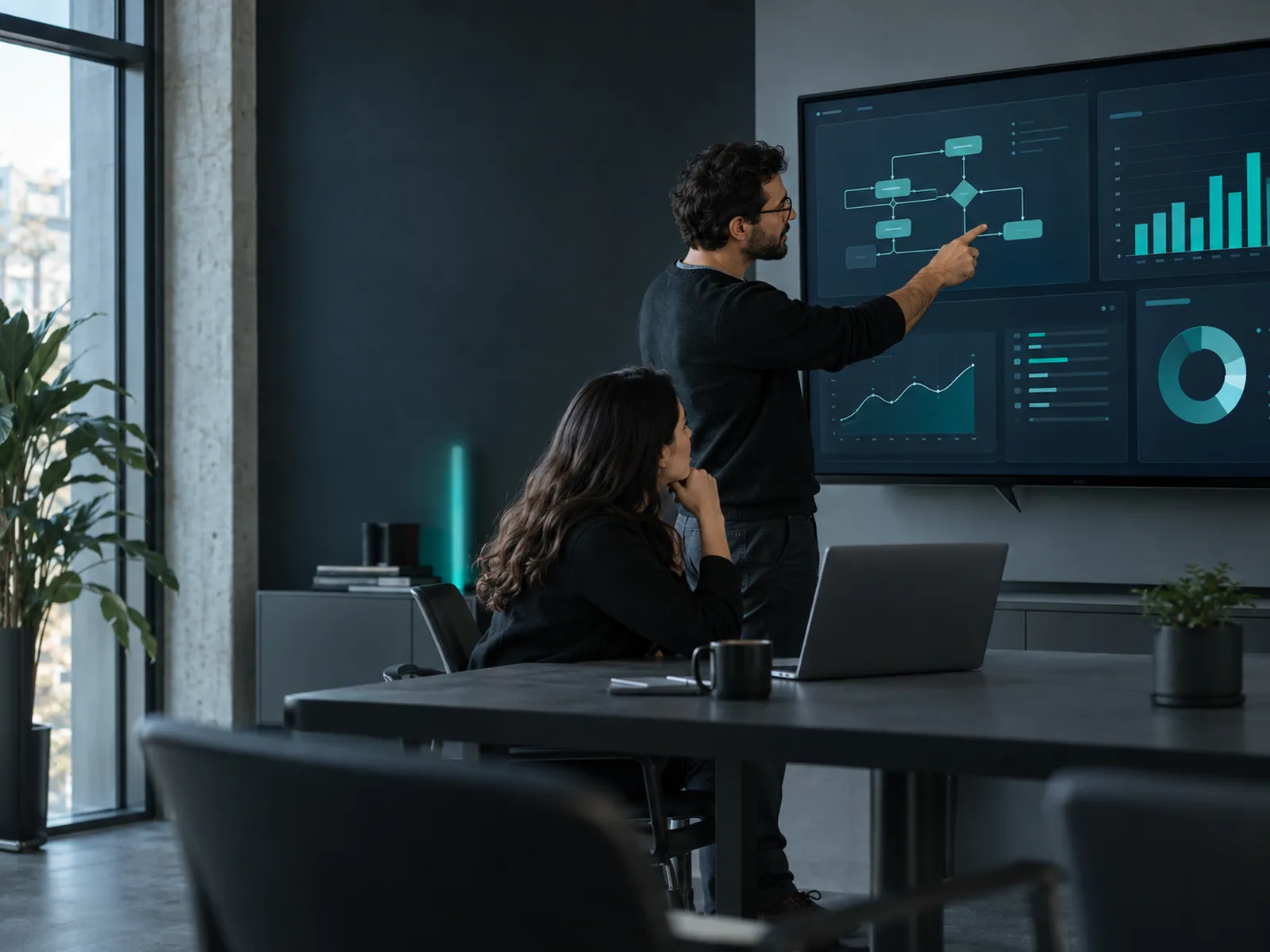 Developer and client reviewing a custom business web application on a large screen