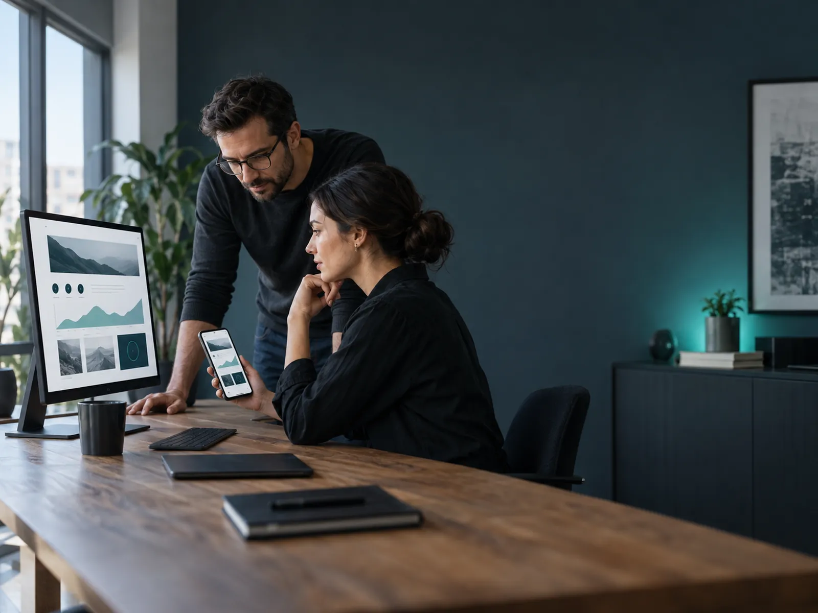 Designer and marketing manager reviewing a fast-loading corporate website on desktop and phone