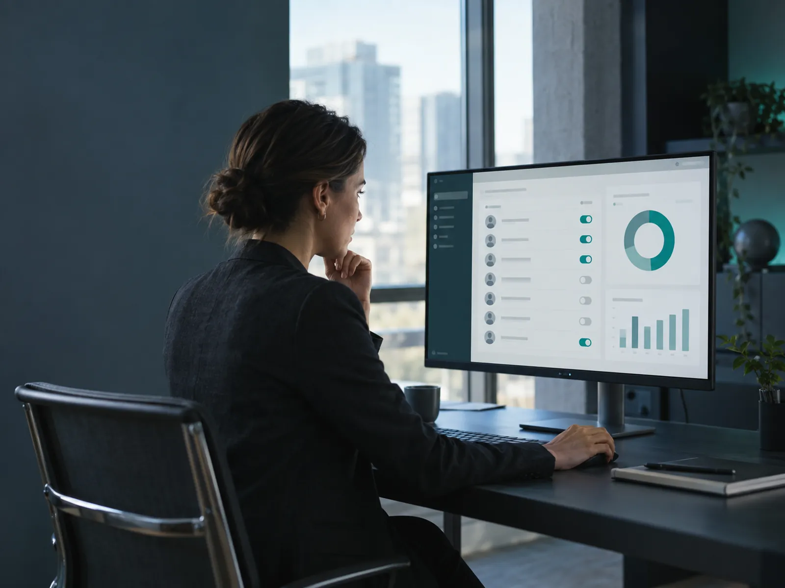 Finance manager reviewing Dynamics 365 user licence assignments on screen