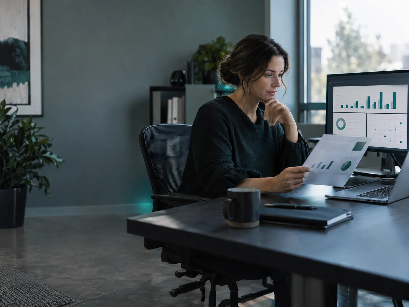 Office manager reviewing a consolidated Microsoft licensing invoice and renewal calendar