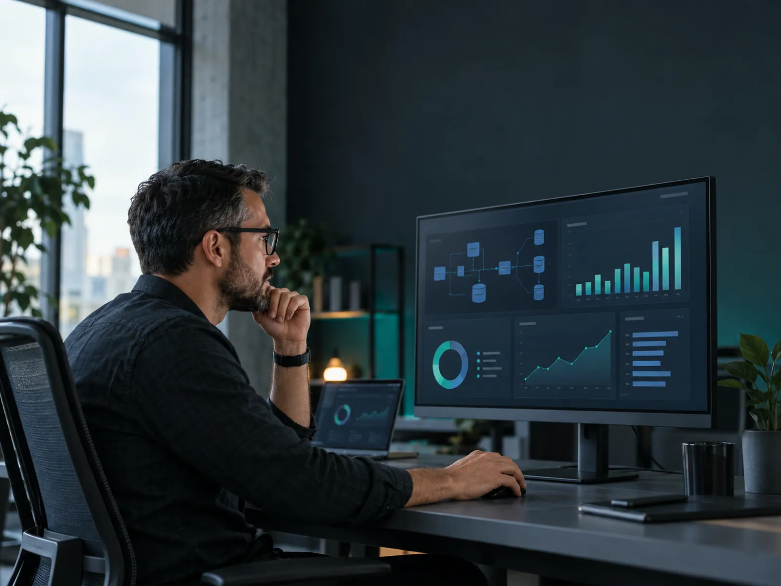 Engineer reviewing Azure cloud infrastructure and cost dashboards on a large monitor