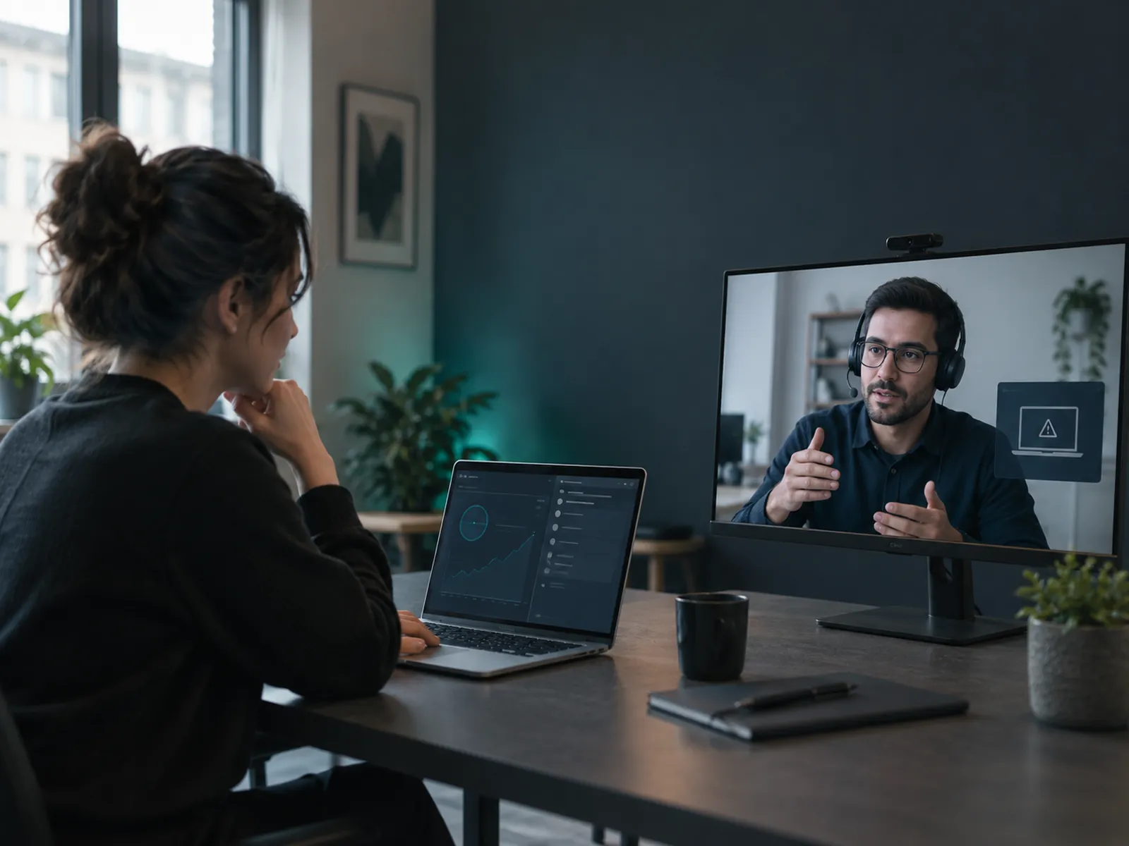 Support technician helping a colleague resolve a laptop issue remotely