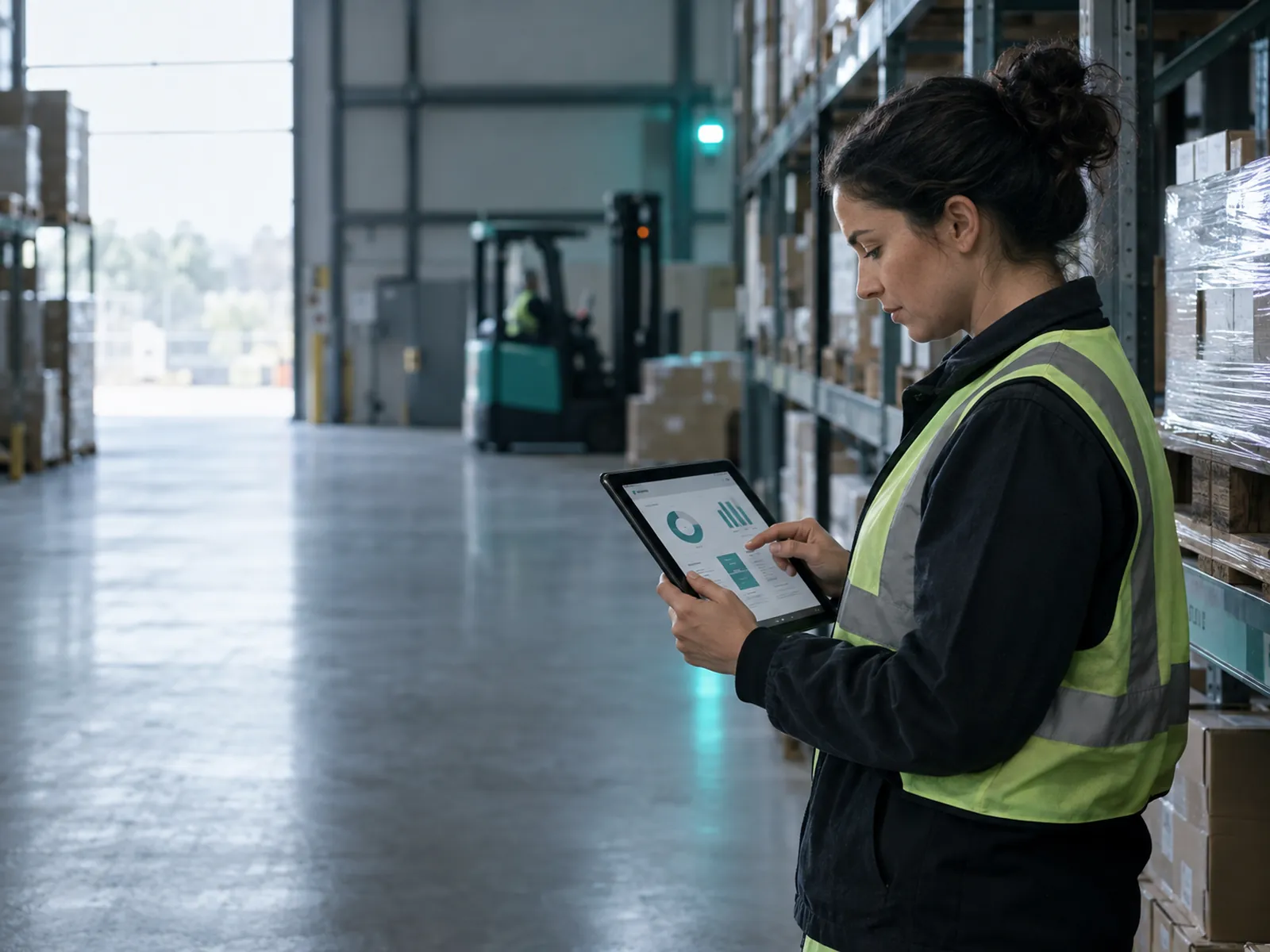 Warehouse employee using a custom Power Apps application on a tablet to record stock