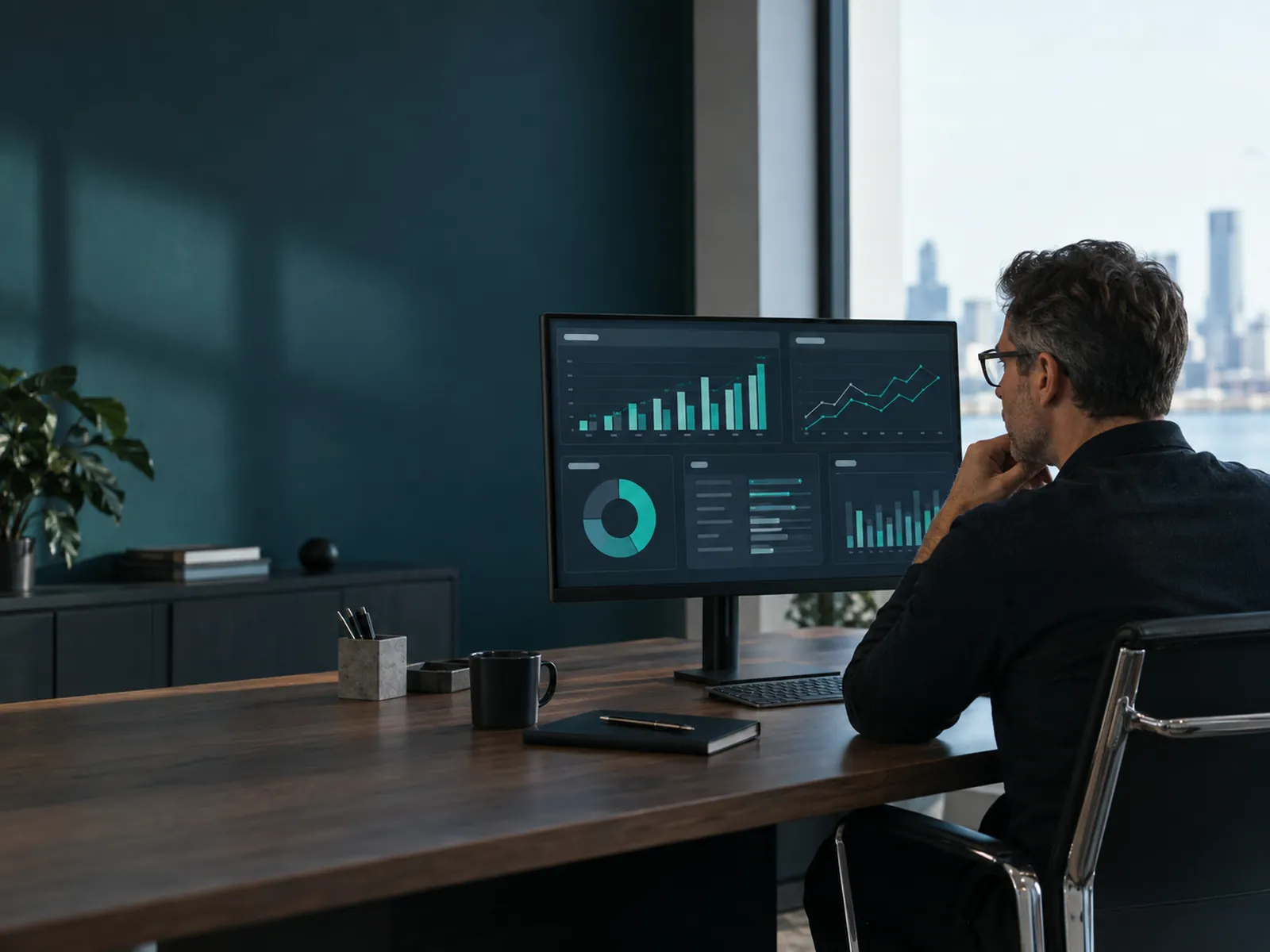 Manager reviewing a Power BI sales and margin dashboard on a widescreen display