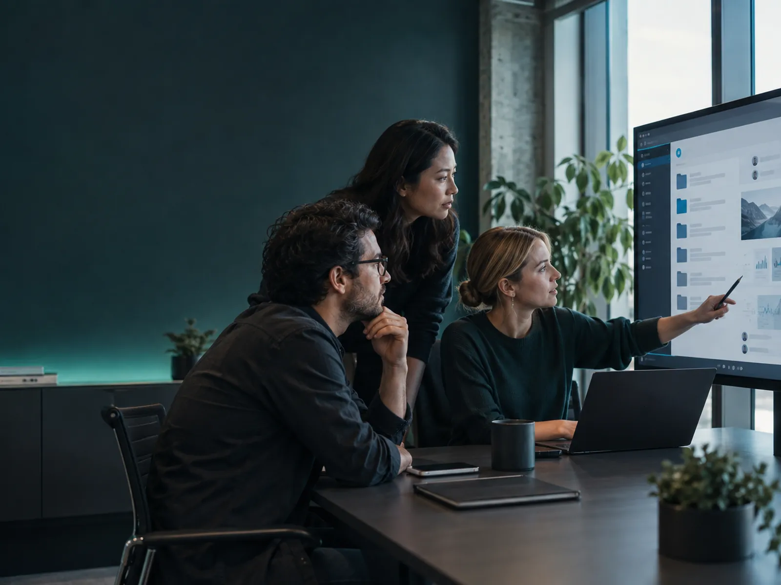 Team collaborating in Microsoft Teams with a structured SharePoint document library on screen